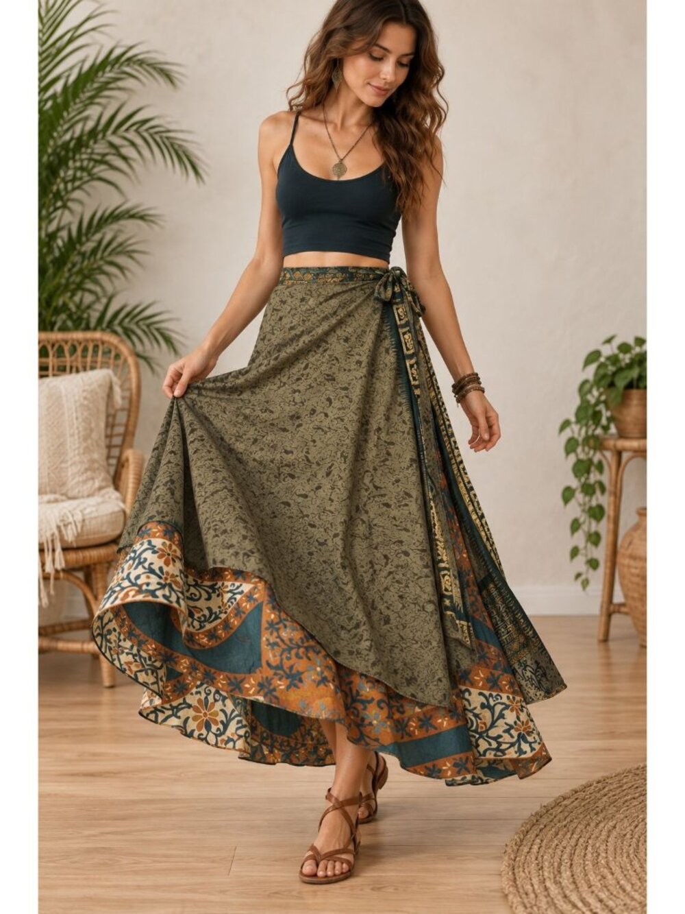 Reversible Sari Silk Magic Wrap Skirt Boho Festival Hippie Handmade India OS